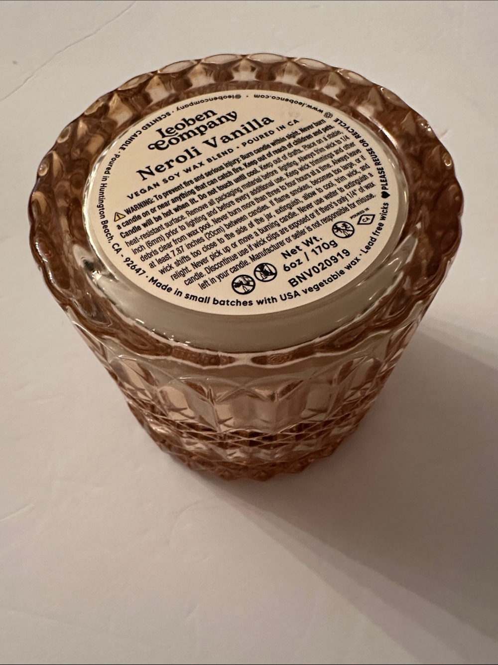 Leoben Company Neroli Vanilla Vegan Soy Wax Blend Pressed Glass Candle 6oz New